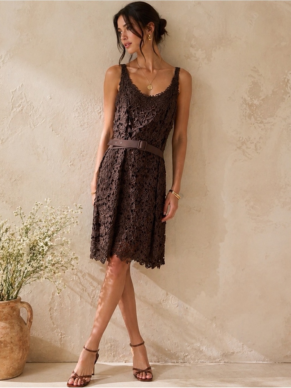 NWT Melinda Eng Chocolate Brown Floral Crochet Lace Midi dress Size 8